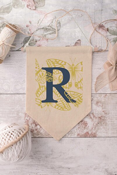 Postifull Kids Room Decor, Wall Ornament, Wooden Baby Room Decor, Canvas Pennant, Navy Blue and Yellow Floral Pattern