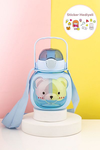 Porsima 21.0008 Water Bottle with Teddy Bear Figure and Straw and Strap Water Bottle with Sticker Gift - 1000 ml