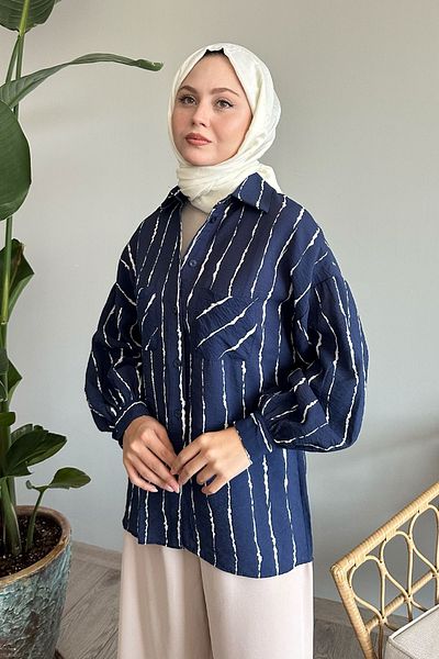 InStyle Casual Navy Blue Batik Shirt - Stripe Detailed
