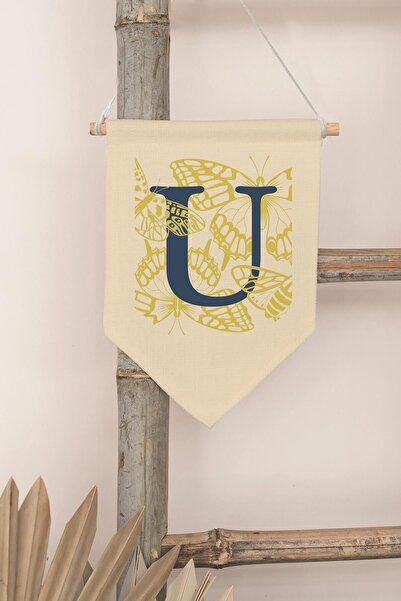 Postifull Kids Room Decor, Wall Ornament, Wooden Baby Room Decor, Canvas Pennant, Navy Blue and Yellow Floral Pattern