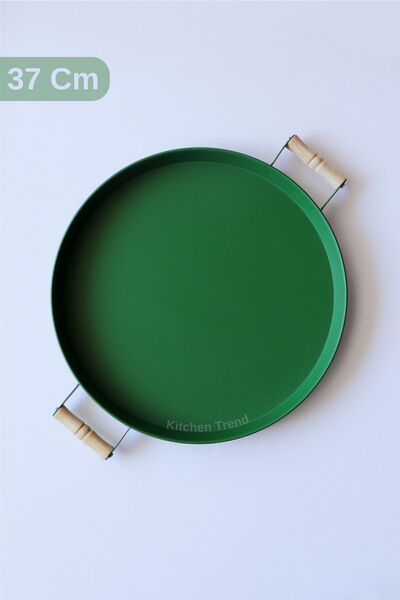 kitchen trend 37 Cm Ahşap Kulplu Metal Yuvarlak Yeşil Tepsi Sunum Tepsi, Kahvaltı Tepsisi