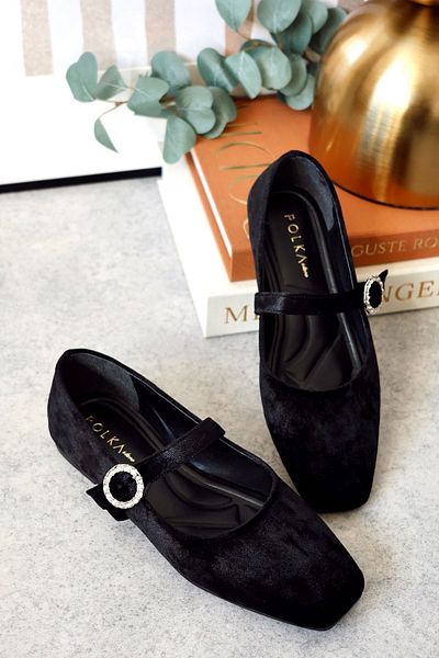 POLKA STORE Velvet Velvet Closed Back Single Band Square Toe Women's Ballerina Shoes with Helmet Mary Jane