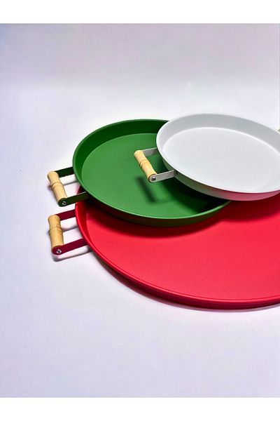 kitchen trend 3 Piece Metal Tray with Wooden Handles Tea Tray Coffee Tray Presentation Tray Set (RED,GREEN,WHITE)