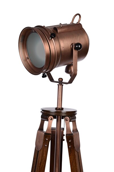 Atika mobilya Ayarlanabilen Ahşap Ayaklı (TRİPOD) Yer Lambası Eskitme Bakır Kaplama