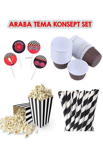 parti pera Car Concept Themed Popcorn Straw Toothpick Ornament Cupcake Cake Capsule Set