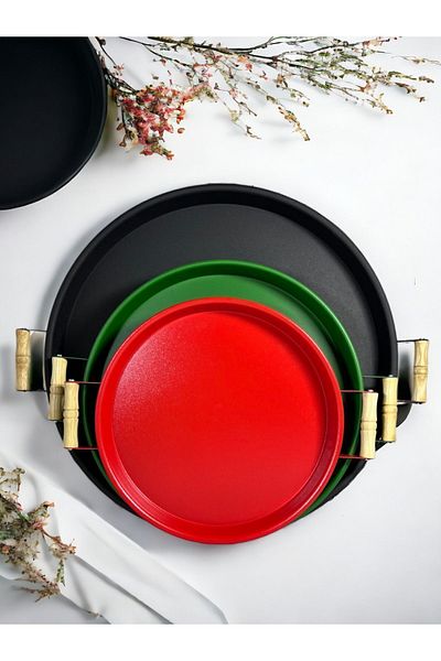 kitchen trend 3 Pieces 45,37,30 Cm Metal Tray with Wooden Handle Presentation Tray Set