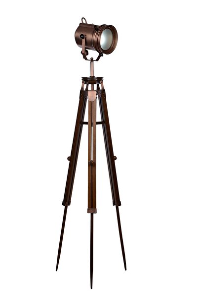 Atika mobilya Ayarlanabilen Ahşap Ayaklı (TRİPOD) Yer Lambası Eskitme Bakır Kaplama