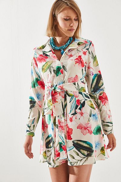 Bianco Lucci JewelleD Button anD BelteD Floral Print Shirt Collar Mini Dress - 19329 60251736
