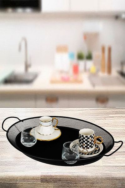 VENON Black Home Oval Decorated PreSentation Tray - 390x310x40