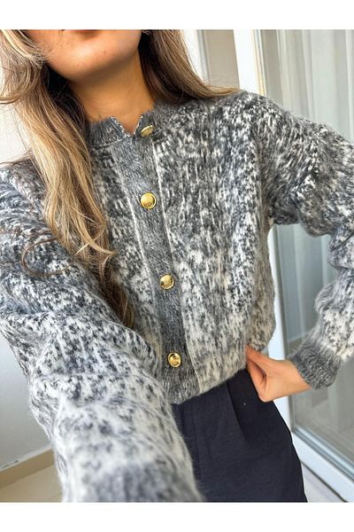 EnModaStyle Gold Buttoned Cardigan with Feathers