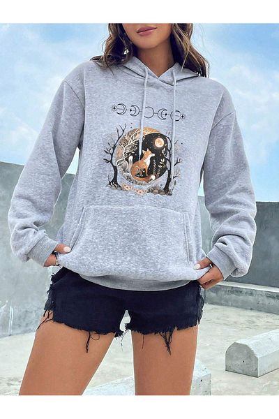 MODARİCH Γκρι Oversize Fox φούτερ - Με κουκούλα και στάμπα