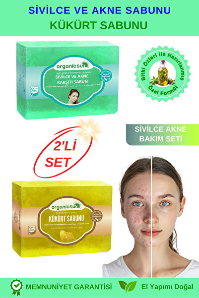 Organicsun 2'li Set Doğal Kükürt Sabunu ve Sivilce ve Akne Karşıtı Sabun Sivi...