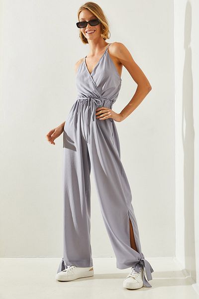 Bianco Lucci Women's Jumpsuit - Wrap Collar, Detailed Leg, Elastic Waist and Belt 21418 60251661