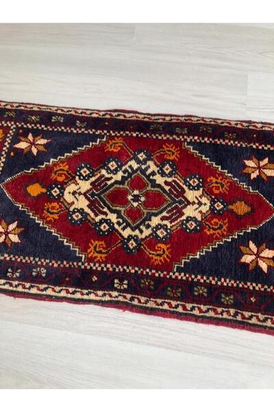 DesignEv 54x115 cm El Dokuma Lacivert  ve Kırkımızı Renkli Çiçek Desenli Türk...