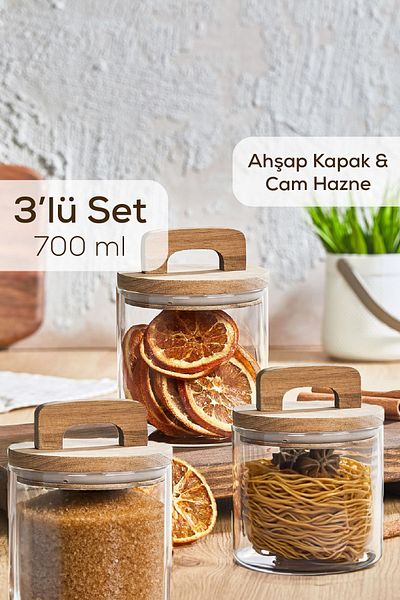 Vienev 3-Piece 700 ml Jar with Wooden Lid and Holder