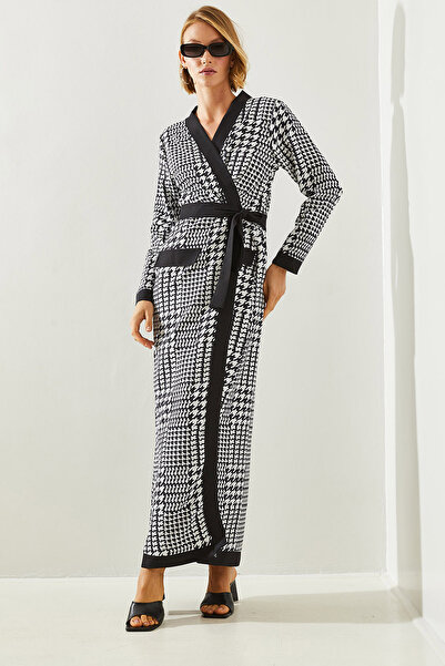 Bianco Lucci Dámské kimono s dlouhým vzorem – s páskem, se vzorem Houndstooth 20447 60251749