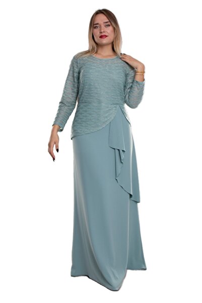 LİLAS XXL 9497 Büyük Beden Suyolu Eteği Fırfırlı Tül Kol Krep Uzun Elbise