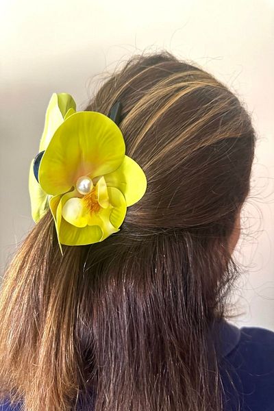 alsaccessories Culoarea verde pentru femei, model de orhidee cu perle la mijloc, catarame, ac de păr, accesoriu de păr