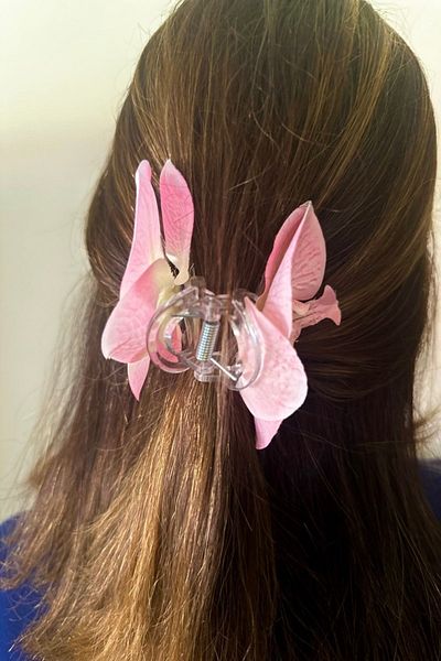 alsaccessories Cataramă pentru femei de culoare roz model orhidee, clemă de păr, accesoriu de păr