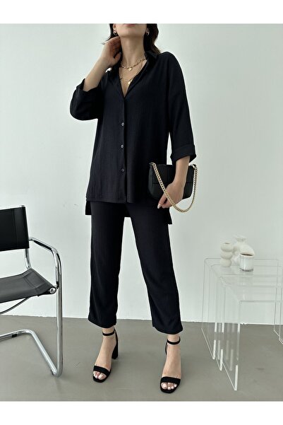 BEJNA Női fekete dupla ujjú felső és alsó ingkészlet