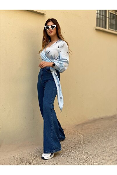 Lixera Tmavě modré džínové kalhoty s extra vysokým pasem Lycra Palazzo Wide L...