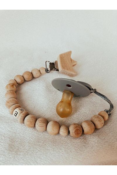 CEBECİ TİCARET Natural Wooden Pacifier Chain with Letters - Pacifier Hanger - Baby Gift
