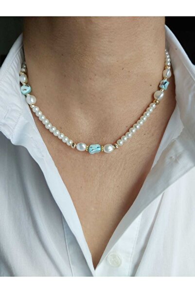 DEVİ fashion Doğal Mavi Taşlı Inc Kolye 45 Cm