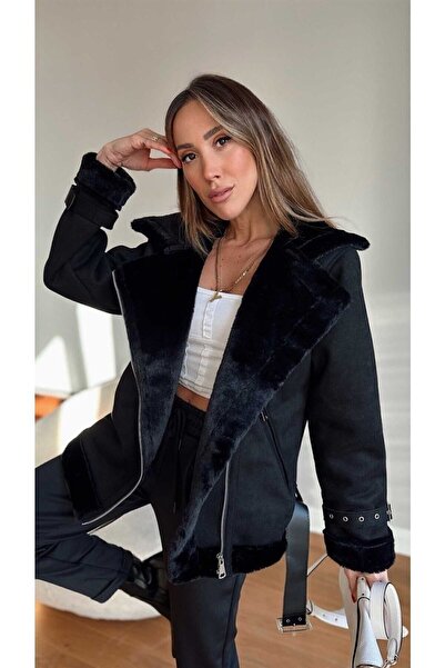 ZF BUTİK Semišový dámský kabát - s žebrovaným vnitřkem a detailem pásku