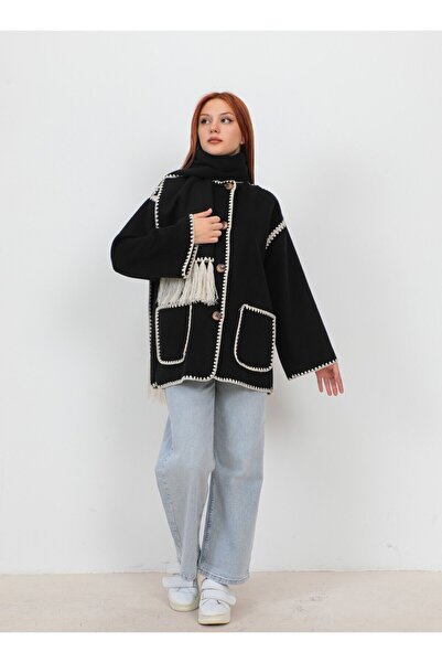 ZF BUTİK Παλτό Stamp - Γυναικείο Μπουφάν Μαύρο Κεντημένο και Κασκόλ