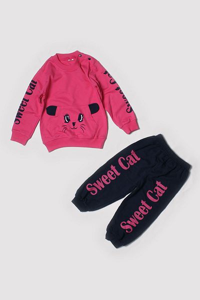 Peki Baby Newborn Kids Girls Seasonal Two Thread 100% Cotton Sweet Cat Printed Kangaroo Pocket Set 14506