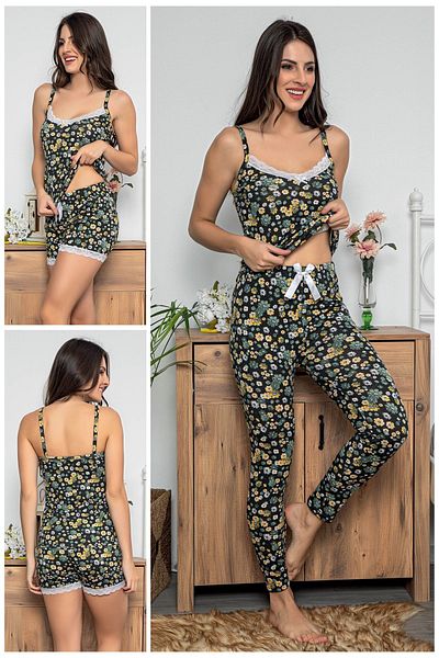 MyBen Set de pijamale cu detaliu din dantelă de culoare neagră pentru femei, cu pantaloni scurți și colanți, set de 3 75011