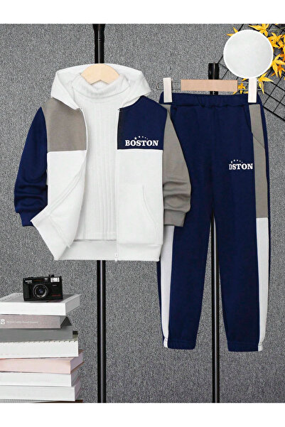 Benisengiydir Navy BluE OvErsizE HoodEd Boston PrintEd mEn's Tracksuit SEt