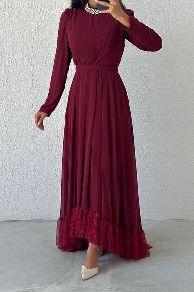 LEYUZE BUTİK Burgundy Chiffon Hijab Evening Dress - Rock with Stone DeTail and Lace