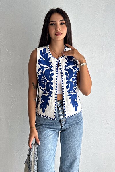 FEMELLE sötétkék hímzett - vászon női mellény, különleges kivitel