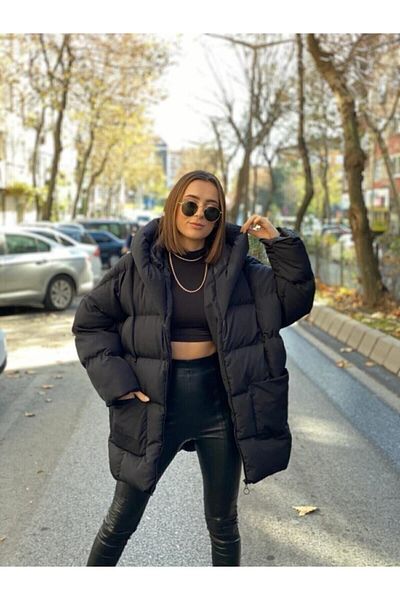 ZF BUTİK Schwarze, übergroße Pufferjacke mit Kapuze