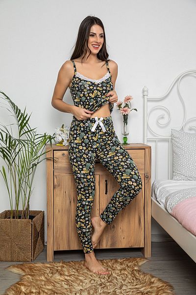 MyBen Set de pijamale cu detaliu din dantelă de culoare neagră pentru femei, cu pantaloni scurți și colanți, set de 3 75011