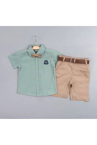Terry Boy's Green Oxford Shirt and Bow Tie Shorts Set with Belt