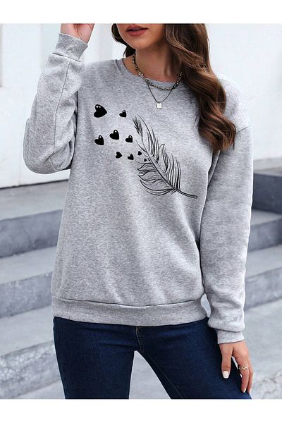 MODARİCH Γκρι φούτερ με σχέδιο Oversize Feather - Heart Crew Neck