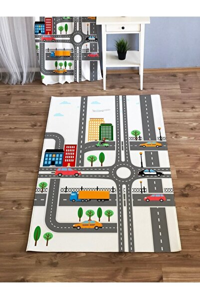 Evmila Yol Desen Baskılı 7mm Bebek Ve Çocuk Odası Halısı - Beyaz