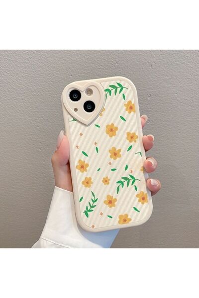 MİRAZ TASARIM IPHONE 14 KALP DETAYLI PAPATYA DESENLİ EKRU KILIF