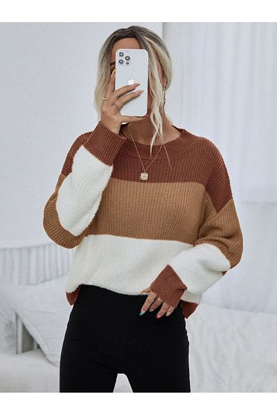 Dier Moda Дамски овърсайз плетен пуловер на райе Dier Moda, пуловер на райе