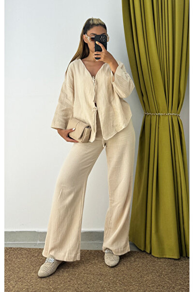 My Blog Kétoldalas bézs muszlin blúz és nadrág szett