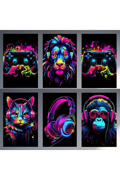 fabriflow exclusive Neon Aslan Gamer Oyun Genç Odası Dekorasyon 6'lı Tablo Set