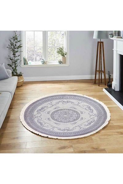 In House Velvet Turkish Round Decorative Carpet -Grey - 120x120 cm