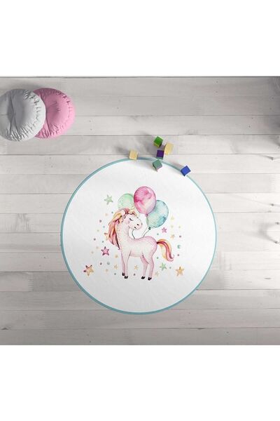 Evmila Unicorn & Renkli Balonlar Yuvarlak Baskı Halı Modeli Yc1279