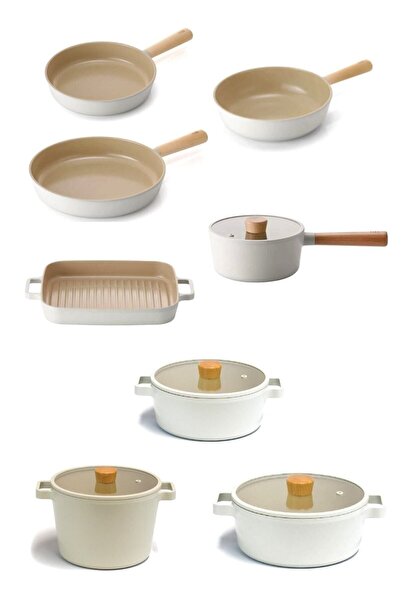 NEOFLAM Fika Alüminyum Döküm Bej 12 Parça Cam Kapaklı Tencere Tava Seti