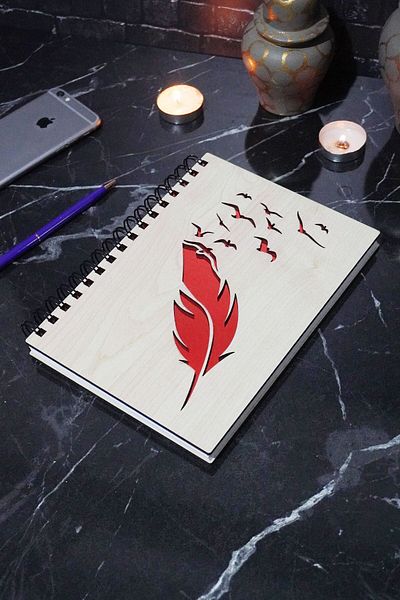 markcat Wooden Notebook - Diary and GifT WinTer FeaTher PaTTerned Unlined Notebook