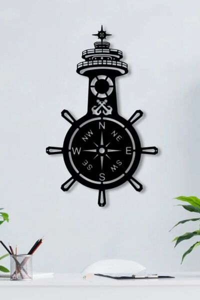 RARART Siyah Dekoratif Pusula Ve Gemi Dümeni Metal Tablo - Deniz Temalı Duvar...