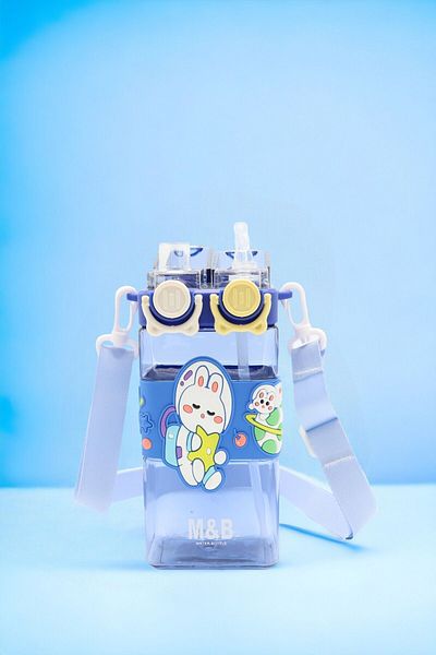 EyER Shoping Cute Blue Water Bottle with Strap and Straw - Double Drinking
