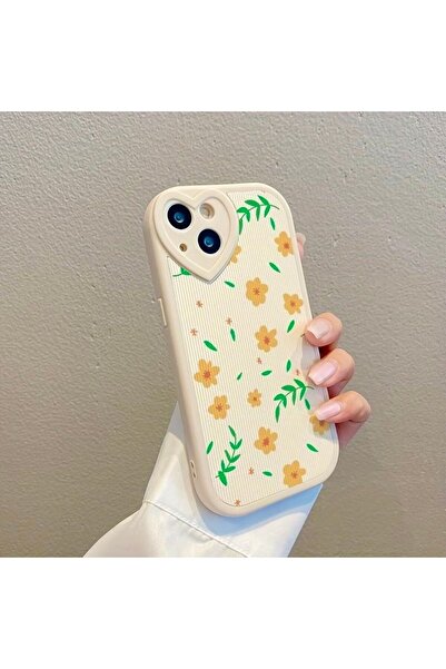 MİRAZ TASARIM IPHONE 14 KALP DETAYLI PAPATYA DESENLİ EKRU KILIF
